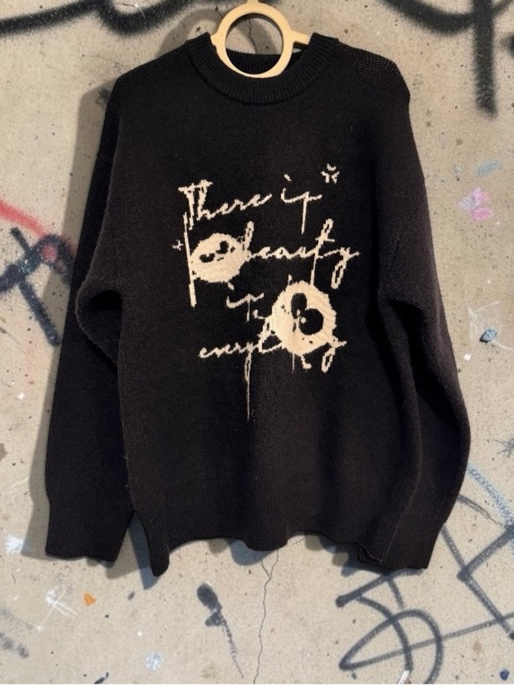 Black Crewneck Graphic Knit Sweater